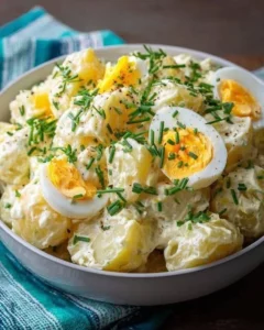 Classic potato salad with eggs served in a bowl, perfect for summer meals.