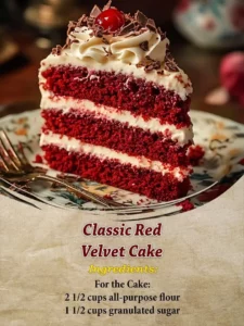 Delicious classic red velvet cake with cream cheese frosting on a plate