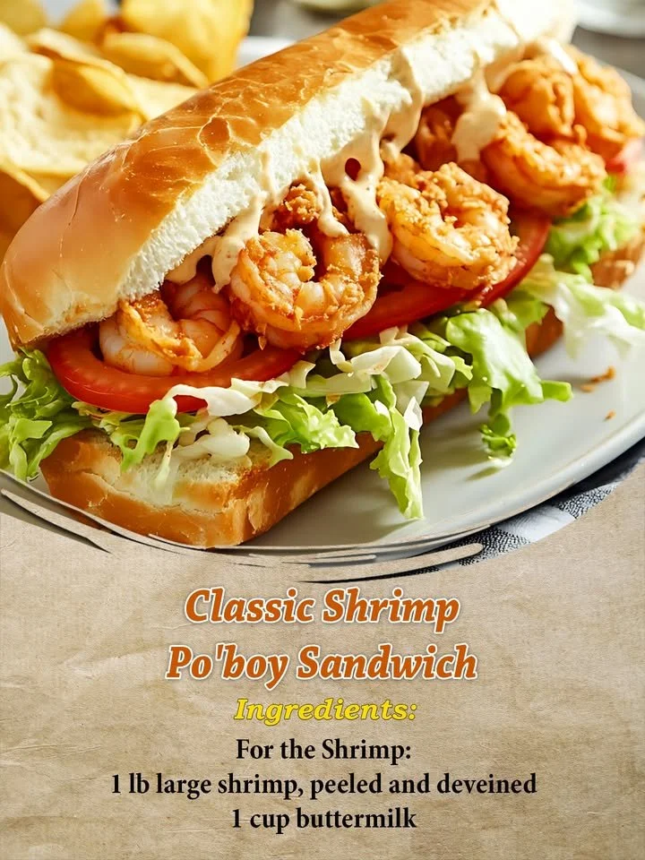 Classic shrimp po'boy sandwich with crispy shrimp and fresh toppings