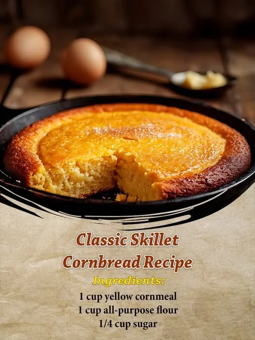 Classic skillet cornbread freshly baked and served in a cast iron pan