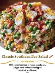 Bowl of Classic Southern Pea Salad with fresh vegetables and dressing