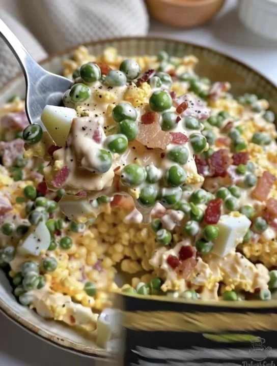 Classic Southern Pea Salad with fresh peas, onions, and creamy dressing