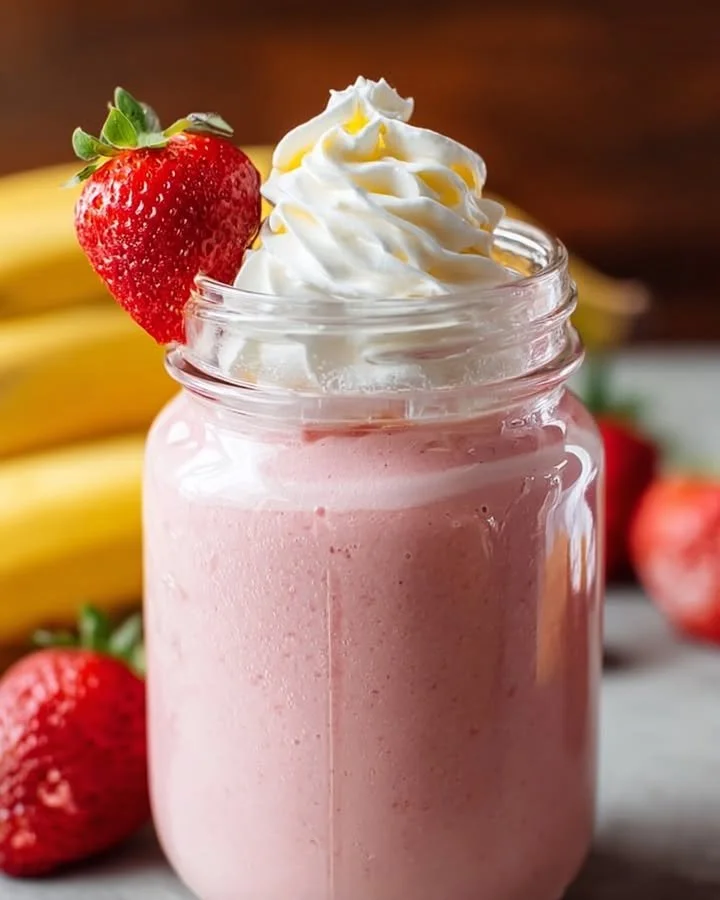 Thick and creamy classic strawberry banana smoothie served in a glass with a straw.