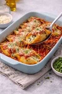 Baked classic stuffed shells filled with ricotta cheese and topped with marinara sauce