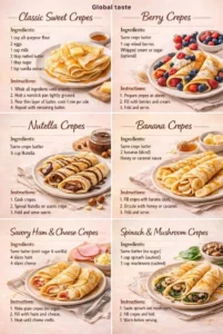 Delicious classic sweet crepes topped with fruits and whipped cream