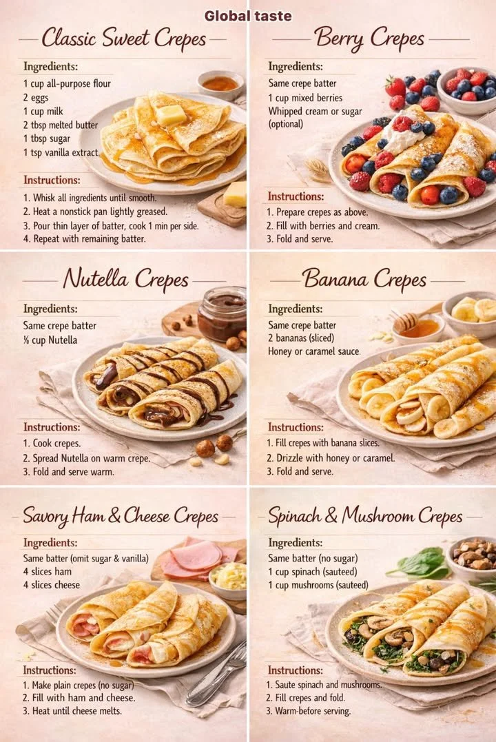 Delicious classic sweet crepes topped with fruits and whipped cream