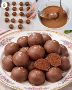 Coconut Brownie Truffles with chocolate coating and coconut flakes.