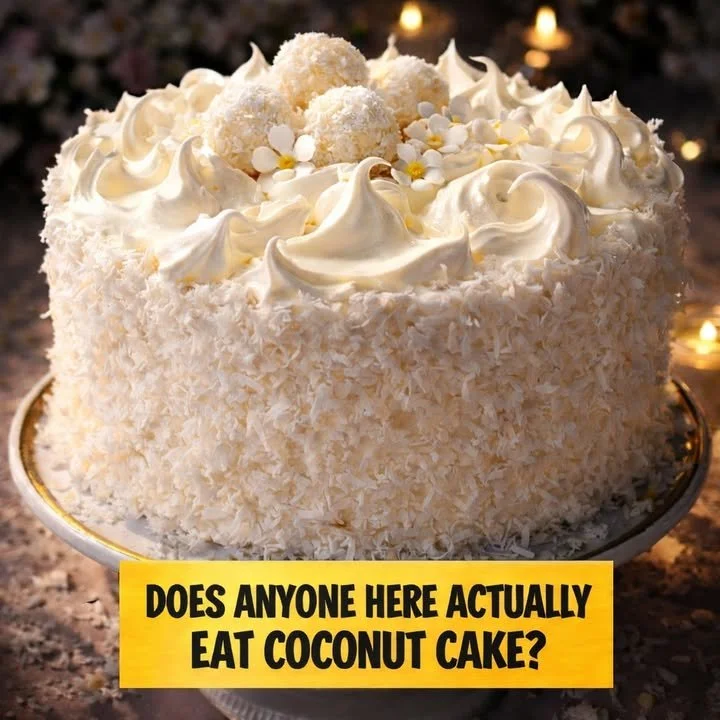 Delicious slice of coconut cake topped with fresh shredded coconut and frosting