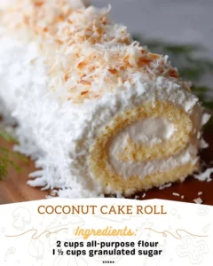 Delicious Coconut Cake Roll with creamy coconut frosting and fresh coconut flakes