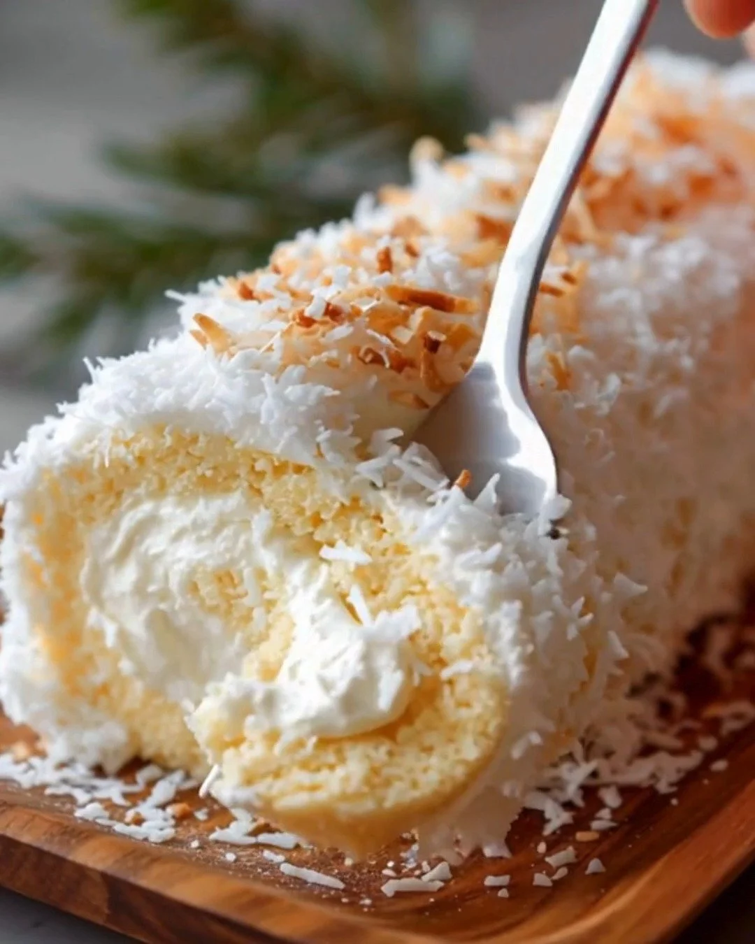 Delicious homemade coconut cake roll topped with coconut flakes and cream