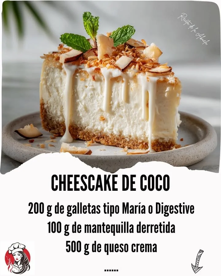 Deliciously creamy Coconut Cheesecake topped with fresh coconut flakes.