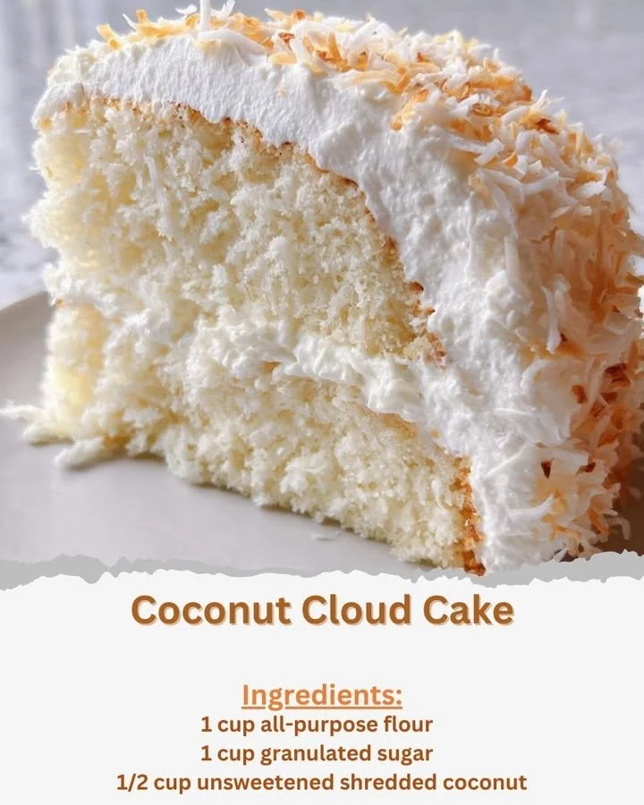 Slice of fluffy Coconut Cloud Cake with coconut flakes on top