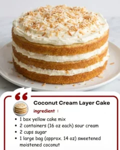 Slice of delicious Coconut Cream Layer Cake with coconut flakes on top