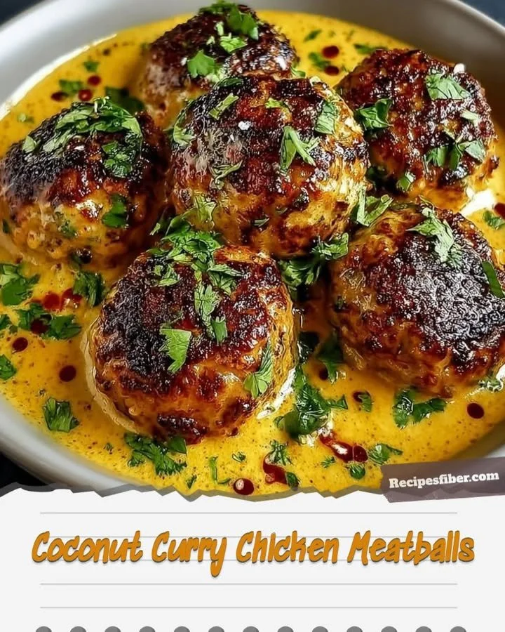 Coconut curry chicken meatballs served with fresh cilantro and rice