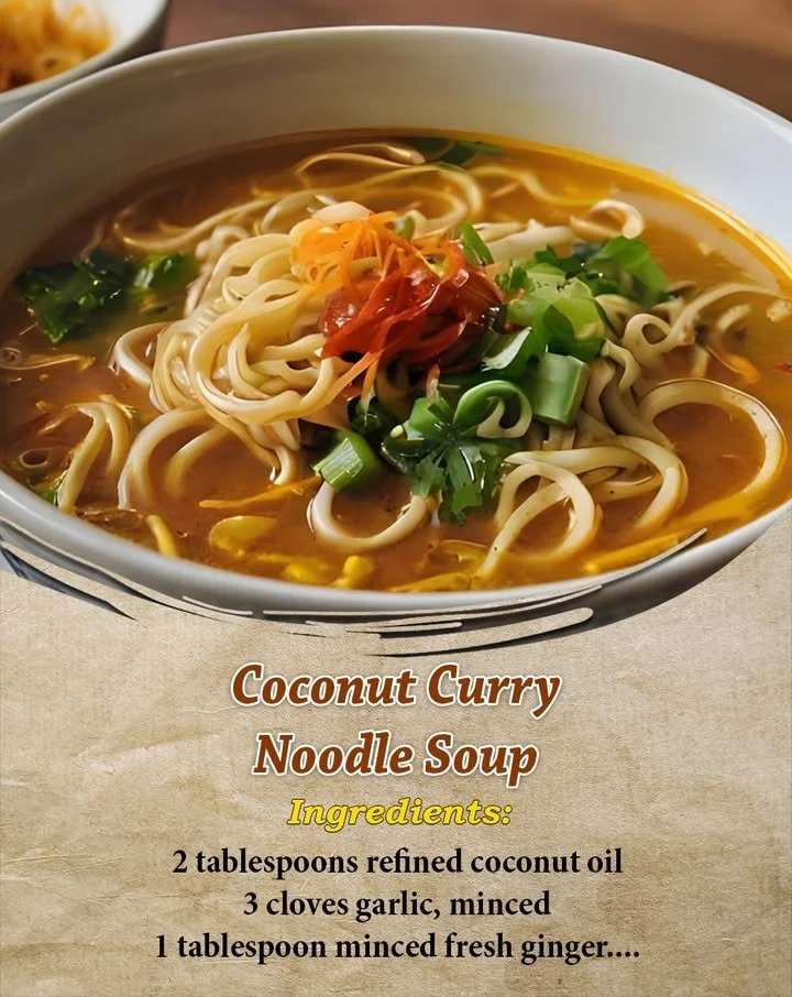 Bowl of coconut curry noodle soup garnished with fresh herbs and lime.