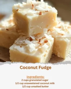 Delicious homemade Coconut Fudge cut into squares on a plate