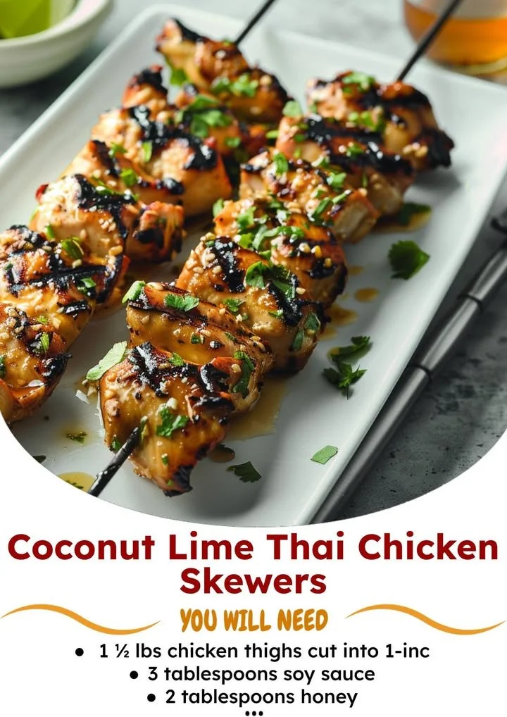 Delicious Coconut Lime Thai Chicken Skewers ready for grilling