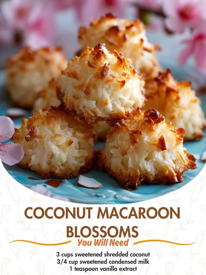 Delicious Coconut Macaroon Blossoms on a white platter, showcasing their golden exterior.
