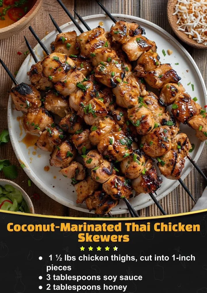Delicious Coconut-Marinated Thai Chicken Skewers on a grill