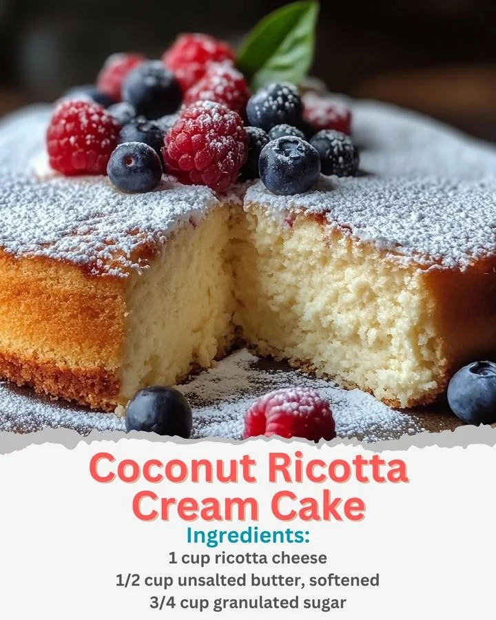 Delicious Coconut Ricotta Cake topped with creamy coconut icing