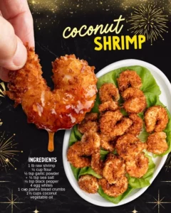 Plate of crispy coconut shrimp served with dipping sauce