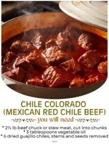 Delicious Carne de Res with Colorado Chile Rojo, seasoned Mexican beef dish.