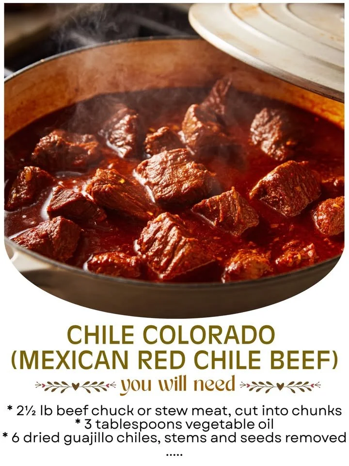 Delicious Carne de Res with Colorado Chile Rojo, seasoned Mexican beef dish.