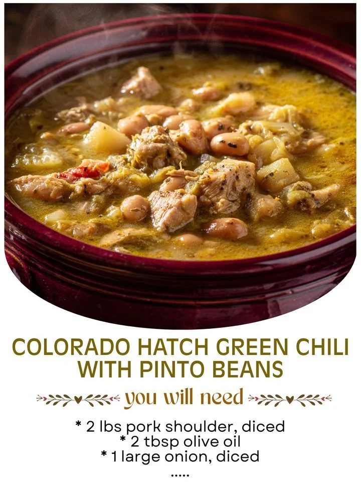 Bowl of Colorado Hatch Green Chili with Pinto Beans garnished with cilantro.