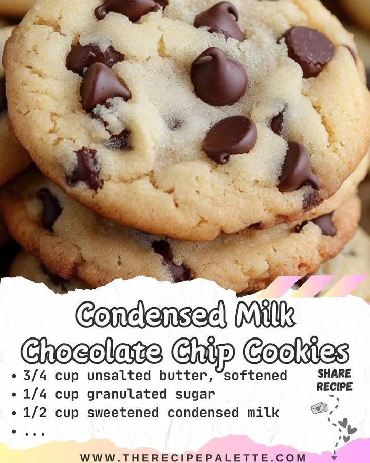 Delicious condensed milk chocolate chip cookies stacked on a plate