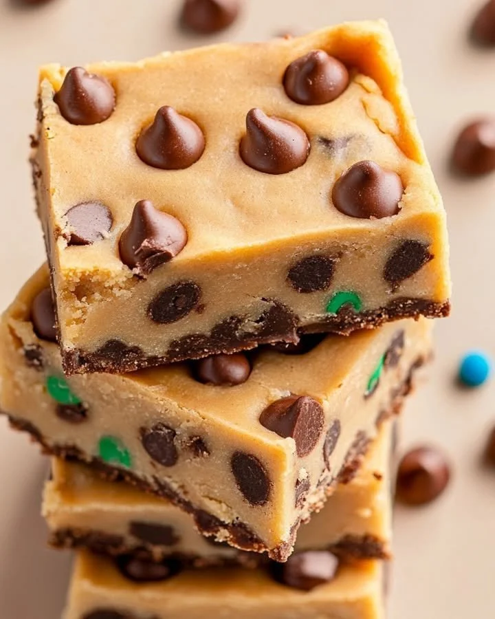 Delicious homemade Cookie Dough Bars topped with chocolate chips and nuts.