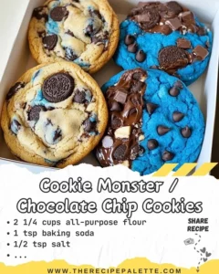 Freshly baked chocolate chip cookies on a plate inspired by Cookie Monster.