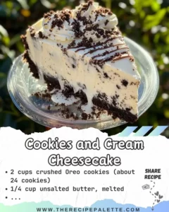 Delicious slice of Cookies and Cream Cheesecake topped with crushed cookies