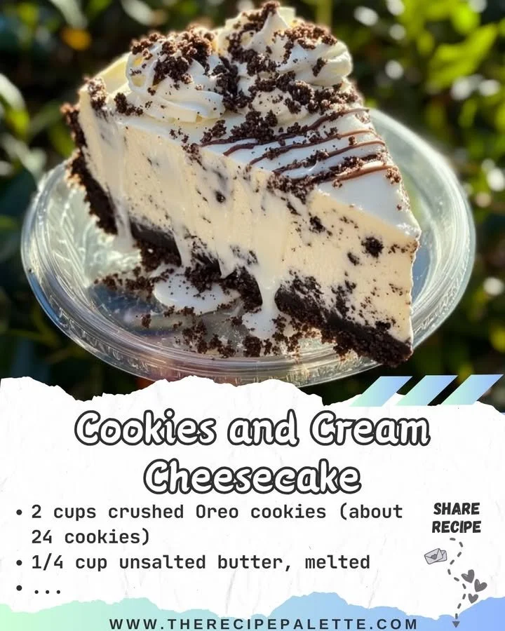 Delicious slice of Cookies and Cream Cheesecake topped with crushed cookies