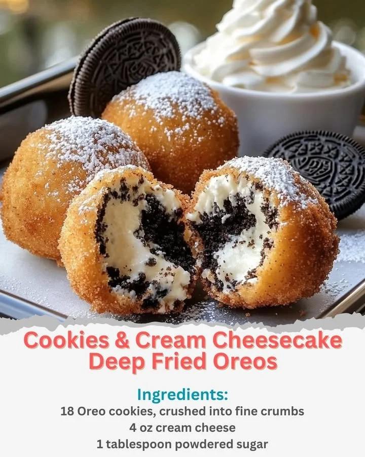 Cookies and cream cheesecake deep fried Oreos served on a plate