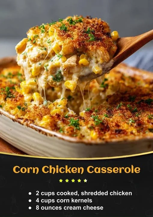 Delicious Corn Chicken Casserole baked with corn, chicken, and savory toppings.