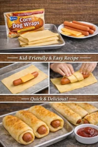 Delicious corn dog wraps served with dipping sauce on a plate.