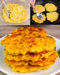 Golden brown corn fritters served on a plate with dipping sauce