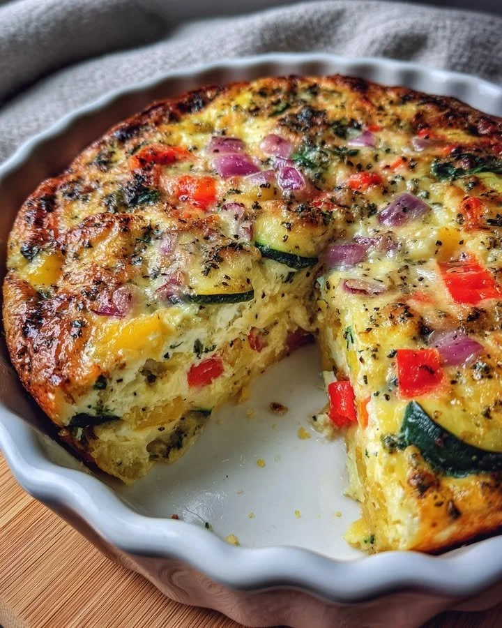 Delicious Cottage Cheese and Veggie Bake ready to serve in a casserole dish.