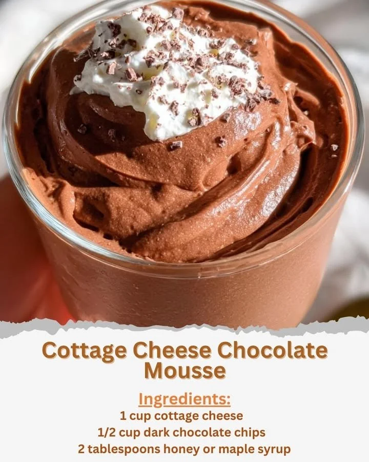 Cottage cheese chocolate mousse topped with whipped cream and chocolate shavings