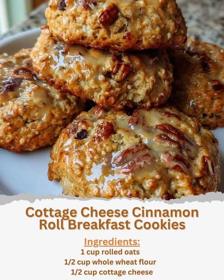 Cottage cheese cinnamon roll breakfast cookies on a wooden table