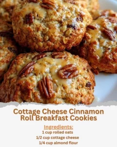 Cottage cheese cinnamon roll breakfast cookies stacked on a plate