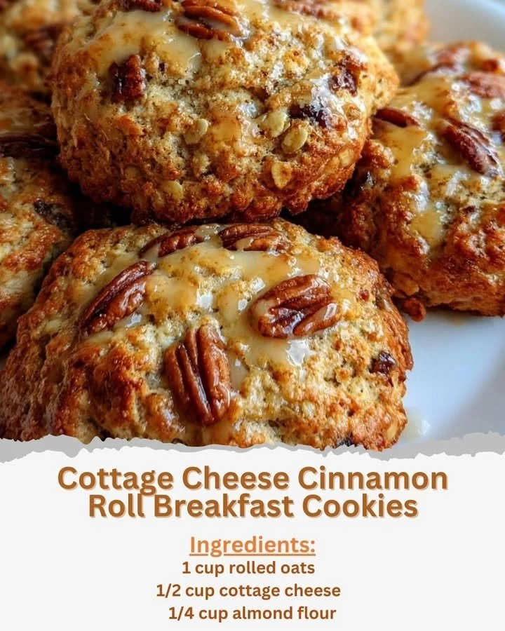 Cottage cheese cinnamon roll breakfast cookies stacked on a plate