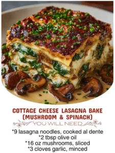 Cottage Cheese Lasagna Bake with mushroom and spinach in a baking dish