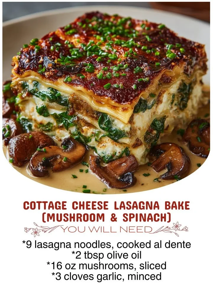 Cottage Cheese Lasagna Bake with mushroom and spinach in a baking dish