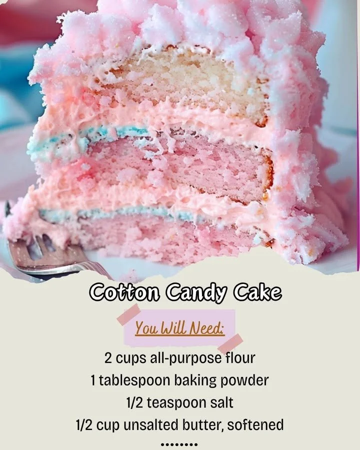 Delicious Cotton Candy Cake topped with colorful cotton candy and sprinkles.