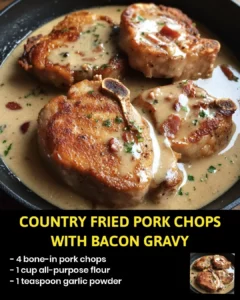 Country fried pork chops served with bacon gravy on a plate