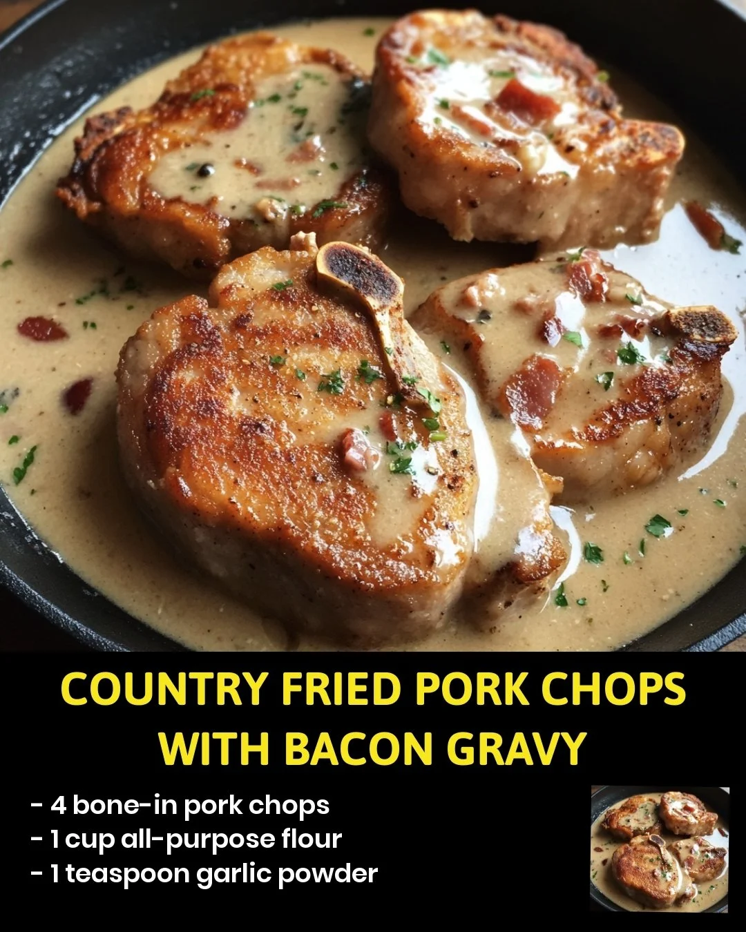 Country fried pork chops served with bacon gravy on a plate