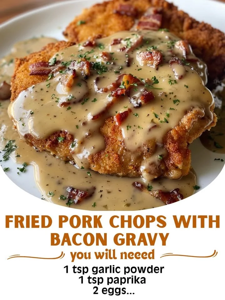 Country Fried Pork Chops served with Bacon Gravy on a plate