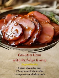 Delicious Country Ham served with rich red-eye gravy on a plate