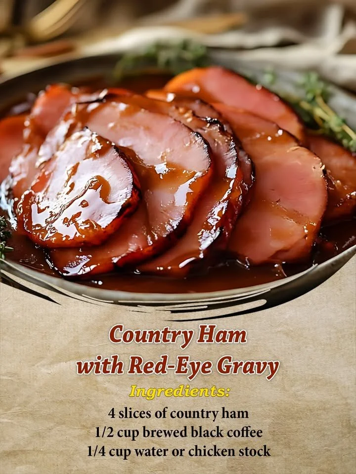 Delicious Country Ham served with rich red-eye gravy on a plate